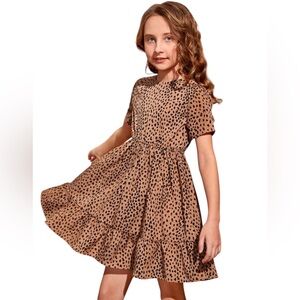Girls SHEIN Leopard Print Short Sleeve Keyhole Dress with Ruffle Hem Size 8Y